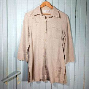 VINTAGE embroidered floral longline linen blend tunic blouse